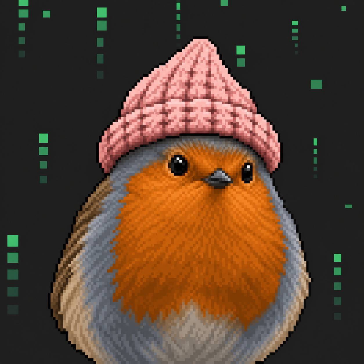 Robin in pink beanie, pixel art
